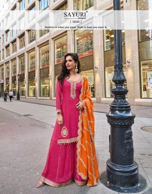 Sayuri Designer Swati Kurti Catalog Pure Viscos Simar Jacquard Silk Embroidered Top with Plazzo Sharara And Dupatta Wholesale kurtis catalogs