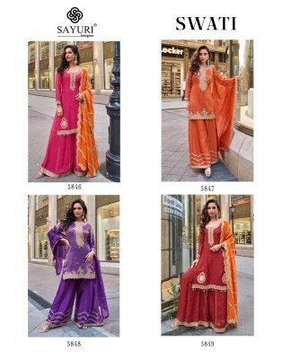 Sayuri Designer Swati Kurti Catalog Pure Viscos Simar Jacquard Silk Embroidered Top with Plazzo Sharara And Dupatta Wholesale kurtis catalogs