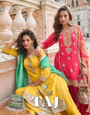 Sayuri Designer Taj Catalog Premium Real Simar Silk And Chinon Embroidered Sharara Set Wholesale Festive Wear Sayuri designer 