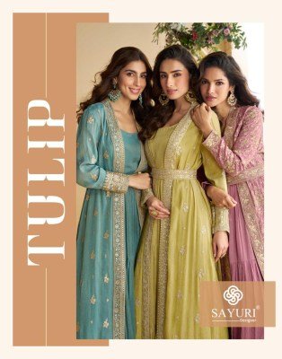 Sayuri Designer Tulip Premium Chinon Silk Embroidered Shrug And Gown Set with Belt Wholesale wholesale catalogs
