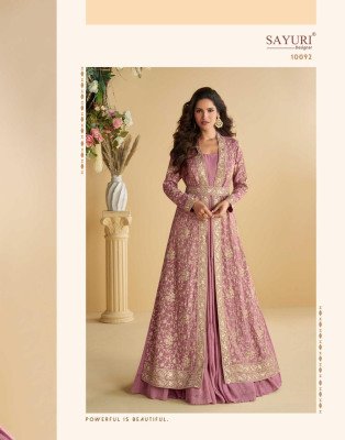 Sayuri Designer Tulip Premium Chinon Silk Embroidered Shrug And Gown Set with Belt Wholesale gown catalogs