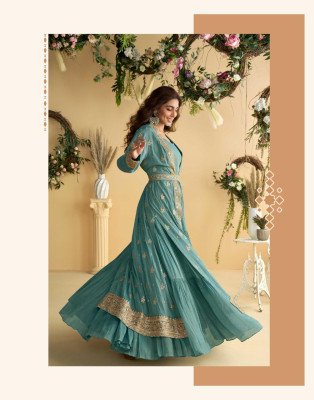 Sayuri Designer Tulip Premium Chinon Silk Embroidered Shrug And Gown Set with Belt Wholesale gown catalogs