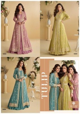 Sayuri Designer Tulip Premium Chinon Silk Embroidered Shrug And Gown Set with Belt Wholesale gown catalogs