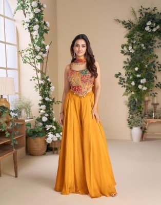 Sayuri Moon Luxe Real Chinon Silk Handwork Embroidered Palazzo Handworked Blouse Suit with Pure Chinon Silk Dupatta wholesale fancy sharara suit Catalogs