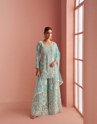 Sayuri Verona Designer Collection Premium Net Halter Neck Embroidered Top with Palazzo and Dupatta Wholesale Fancy Palazzo suit catalogue