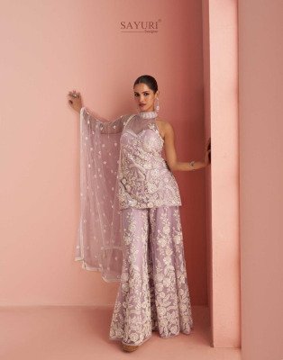 Sayuri Verona Designer Collection Premium Net Halter Neck Embroidered Top with Palazzo and Dupatta Wholesale Fancy Palazzo suit catalogue