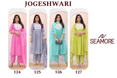 Seamore by Jogeshwari cotton printed embroidered flared kurti pant with dupatta catalogue readymade suit catalogs