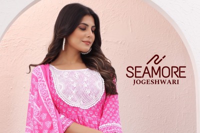 Seamore by Jogeshwari cotton printed embroidered flared kurti pant with dupatta catalogue readymade suit catalogs