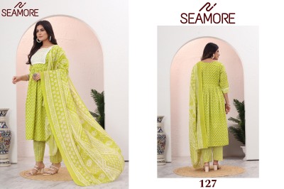 Seamore by Jogeshwari cotton printed embroidered flared kurti pant with dupatta catalogue readymade suit catalogs