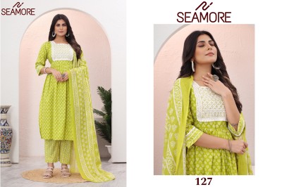 Seamore by Jogeshwari cotton printed embroidered flared kurti pant with dupatta catalogue readymade suit catalogs