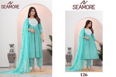 Seamore by Jogeshwari cotton printed embroidered flared kurti pant with dupatta catalogue readymade suit catalogs