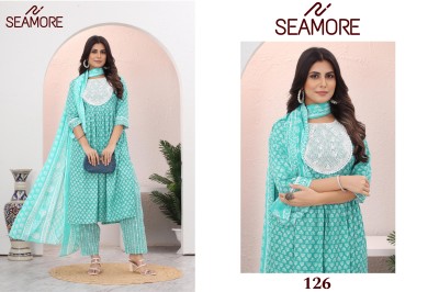 Seamore by Jogeshwari cotton printed embroidered flared kurti pant with dupatta catalogue readymade suit catalogs