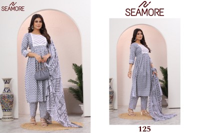 Seamore by Jogeshwari cotton printed embroidered flared kurti pant with dupatta catalogue readymade suit catalogs