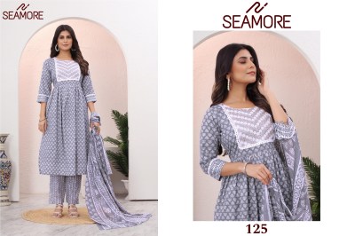 Seamore by Jogeshwari cotton printed embroidered flared kurti pant with dupatta catalogue readymade suit catalogs