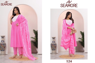 Seamore by Jogeshwari cotton printed embroidered flared kurti pant with dupatta catalogue readymade suit catalogs