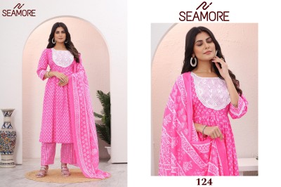 Seamore by Jogeshwari cotton printed embroidered flared kurti pant with dupatta catalogue readymade suit catalogs