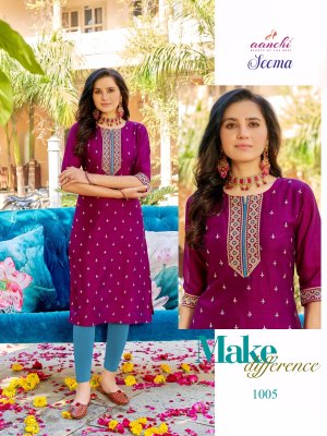 Seema by Aanchi straight cut fancy embroidered kurti catalogue at affordable rate kurtis catalogs