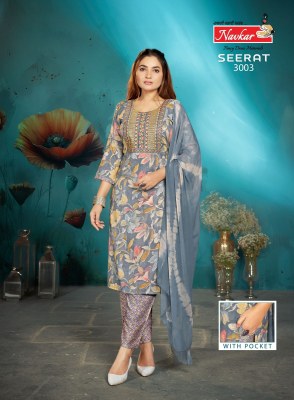 Seerat vol 3 by Navkar Reyon Foil printed Embroidered Kurti pant and dupatta collection at low rate readymade suit catalogs