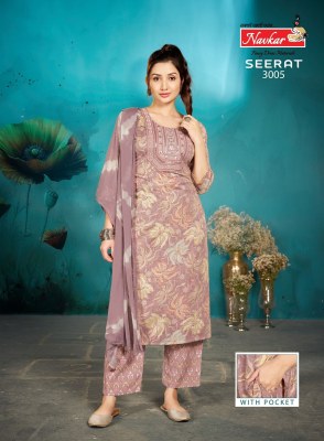 Seerat vol 3 by Navkar Reyon Foil printed Embroidered Kurti pant and dupatta collection at low rate readymade suit catalogs