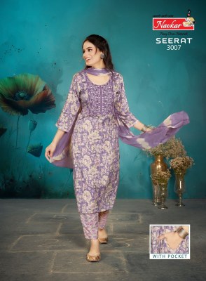 Seerat vol 3 by Navkar Reyon Foil printed Embroidered Kurti pant and dupatta collection at low rate readymade suit catalogs