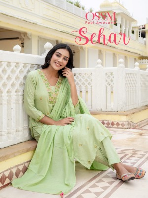 Sehar by Ossm Heavy Embroidered pure cotton Kurti Pant with dupatta collection in amavi expo wholesale catalogs