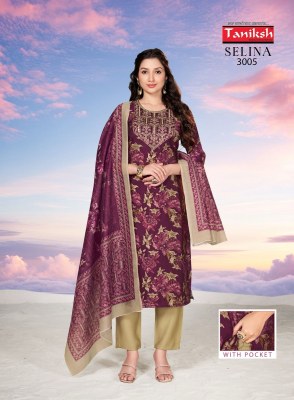 Selina vol 3 by Taniksh Embroidered muslin printed kurti pant and dupatta catalogue with low price readymade suit catalogs