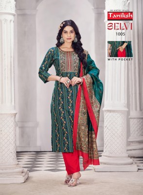 Selvi vol 2 by Taniksh reyon foil printed kurti pant and dupatta catalogue at affordable rate readymade suit catalogs