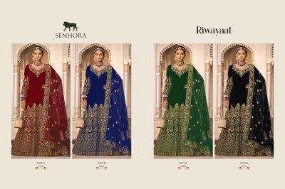 Senhora by riwayat velvet front and back embroidered long anarkali gown with dupatta catalogue at wholesale price readymade suit catalogs