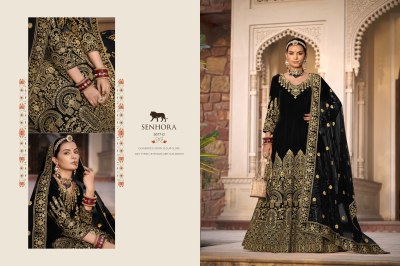 Senhora by riwayat velvet front and back embroidered long anarkali gown with dupatta catalogue at wholesale price readymade suit catalogs