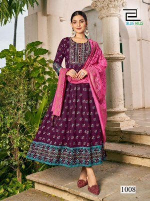 Senorita by Blue hills Reyon foil printed Anarkali suit catalogue at amaviexpo fancy Anarkali suit catalogs