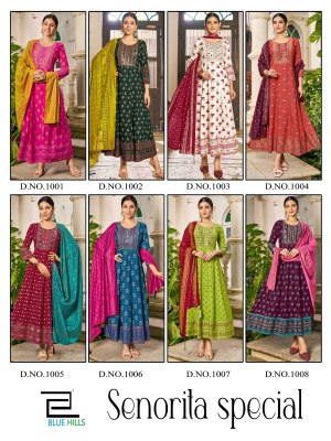 Senorita by Blue hills Reyon foil printed Anarkali suit catalogue at amaviexpo fancy Anarkali suit catalogs