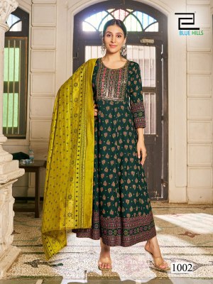 Senorita by Blue hills Reyon foil printed Anarkali suit catalogue at amaviexpo fancy Anarkali suit catalogs