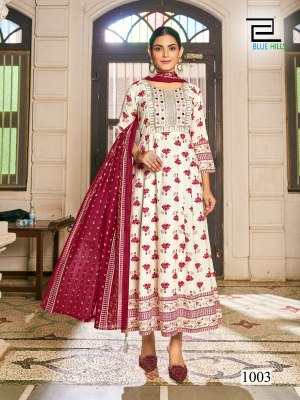 Senorita by Blue hills Reyon foil printed Anarkali suit catalogue at amaviexpo fancy Anarkali suit catalogs