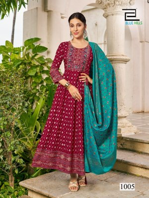 Senorita by Blue hills Reyon foil printed Anarkali suit catalogue at amaviexpo fancy Anarkali suit catalogs