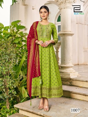 Senorita by Blue hills Reyon foil printed Anarkali suit catalogue at amaviexpo fancy Anarkali suit catalogs