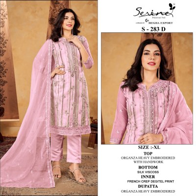 Serine D No S 283 ABCD heavy Organza embroidered fancy kurti pant and dupatta catalogue readymade suit catalogs