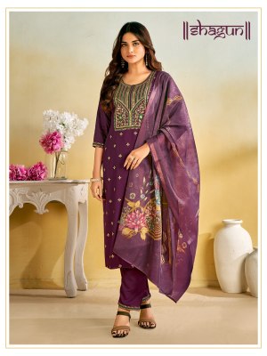 Shagun present reyon embroidered designer kurti pant dupatta catalogue Shagun