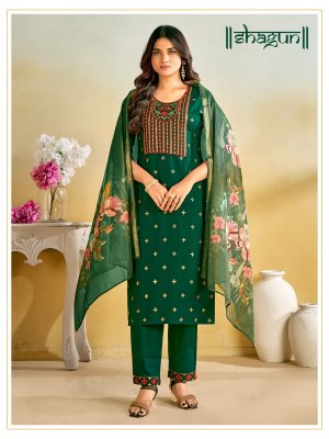 Shagun present reyon embroidered designer kurti pant dupatta catalogue readymade suit catalogs