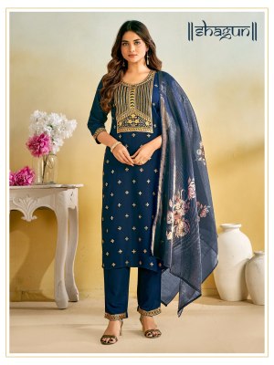 Shagun present reyon embroidered designer kurti pant dupatta catalogue readymade suit catalogs