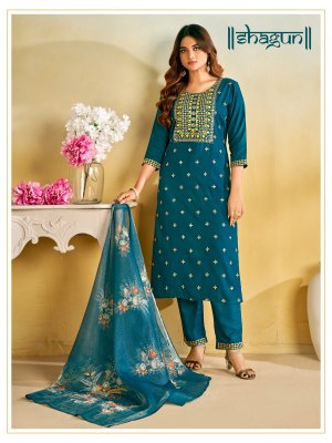 Shagun present reyon embroidered designer kurti pant dupatta catalogue readymade suit catalogs