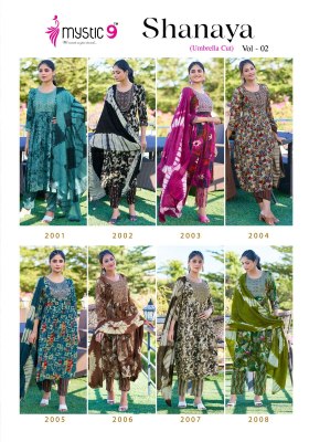 Shanaya vol 2 by Mystic 9 premium reyon foil print nyra cut krti pant with dupatta catalogue at low rate readymade suit catalogs