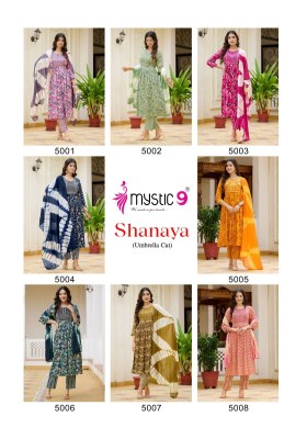 Shanaya vol 5 by Mystic 9 premium quality reyon foil printed kurti pant and dupatta collection readymade suit catalogs