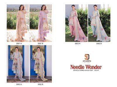 Sharaddha Designer Needle Wonder Vol 03 Unstitched Pure Cotton Embroidered Top  Solid Cotton Bottom And Cotton Chiffon Embroidery Dupatta Wholesale  dress material catalogs