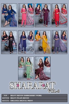 Shararat vol 3 by Kashida heavy reyon v neck top bottom and dupatta collection readymade suit catalogs