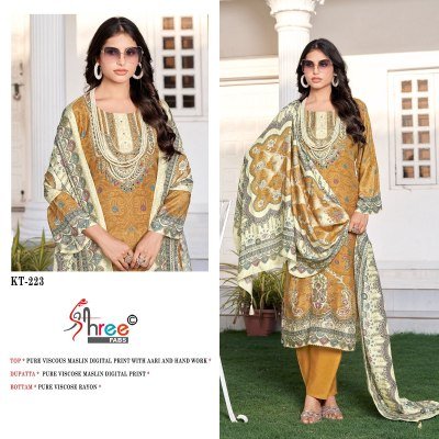 Shree Fab KT 223 Unstitched Suit Pure Viscose Maslin Digital Print with Hand Work  Pure Viscose Rayon Bottom And Dupatta Wholesale dress material catalogs