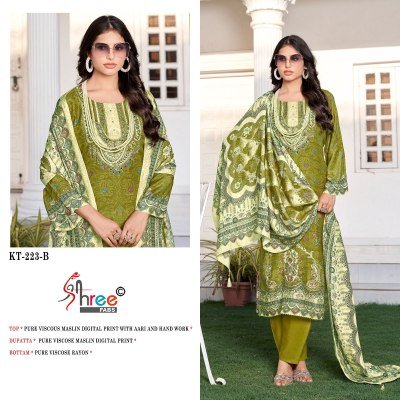 Shree Fab KT 223 Unstitched Suit Pure Viscose Maslin Digital Print with Hand Work  Pure Viscose Rayon Bottom And Dupatta Wholesale dress material catalogs