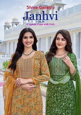 Shree Ganesh Janhvi Vol 1 Heavy Capsule Rayon Printed Kurti Pant with Dupatta Foil Print And Embroidery Wholesale Shree Ganesh