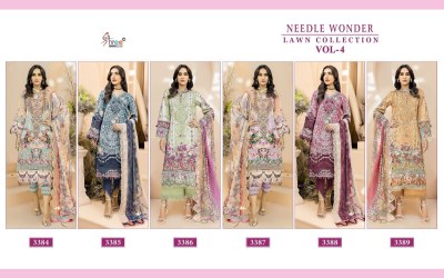 Shree fab needle wonder by lawn collection vol 4 pure cotton printed unstitched salwar kameez catalogue at low rate pakistani suit catalogs