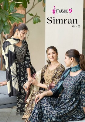 Simran vol 3 by Mystic 9 heavy reyon nyra cut printed kurti pant and dupatta catalogue at low rate Mystic 9