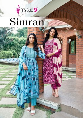 Simran vol 5 by Mystic 9 premium quality reyon foil printed nayra cut kurti pant and dupatta catalogue Mystic 9